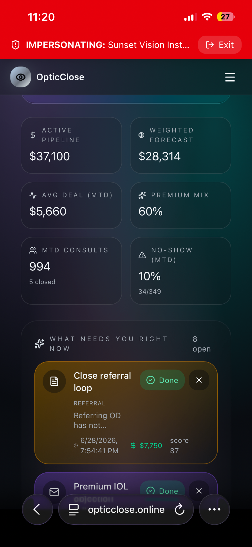 What needs you, right now — OpticClose screen