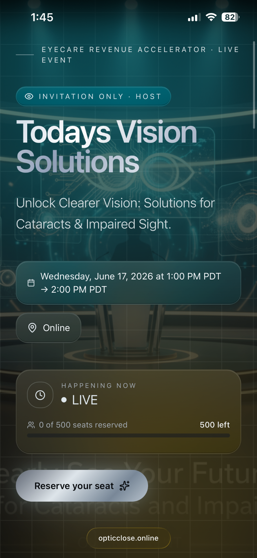 Invite-only live events and webinars — OpticClose screen