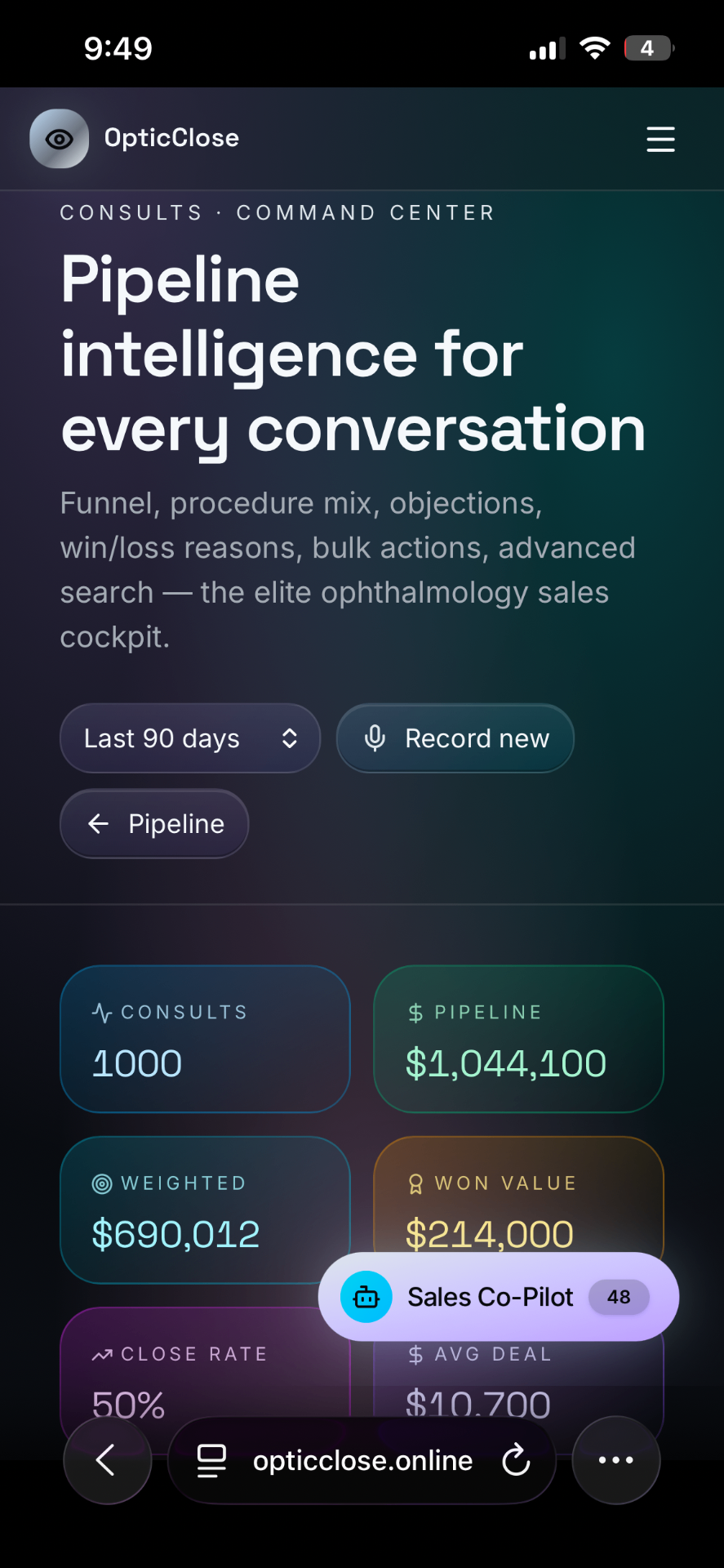 Pipeline intelligence for every conversation — OpticClose screen