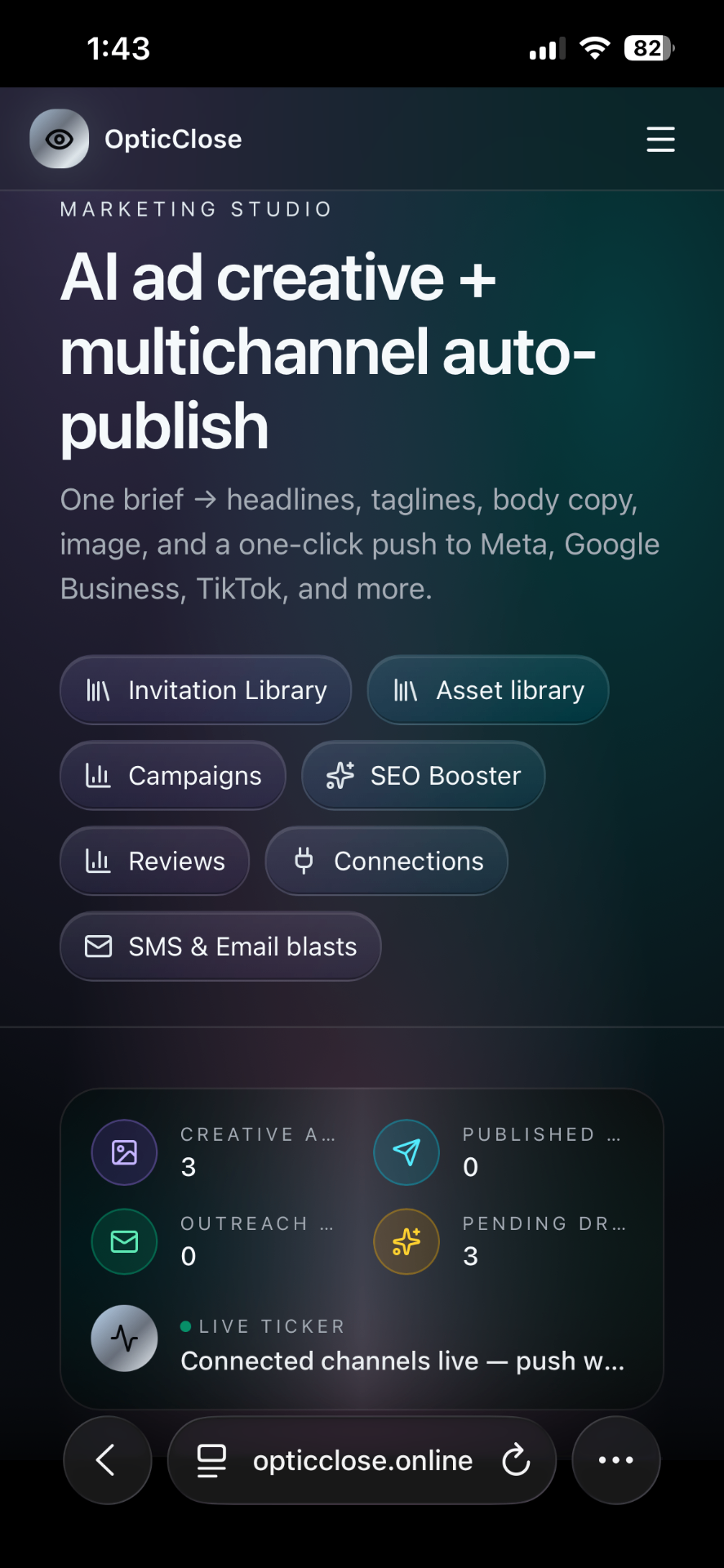 AI creative → one-click multichannel publish — OpticClose screen